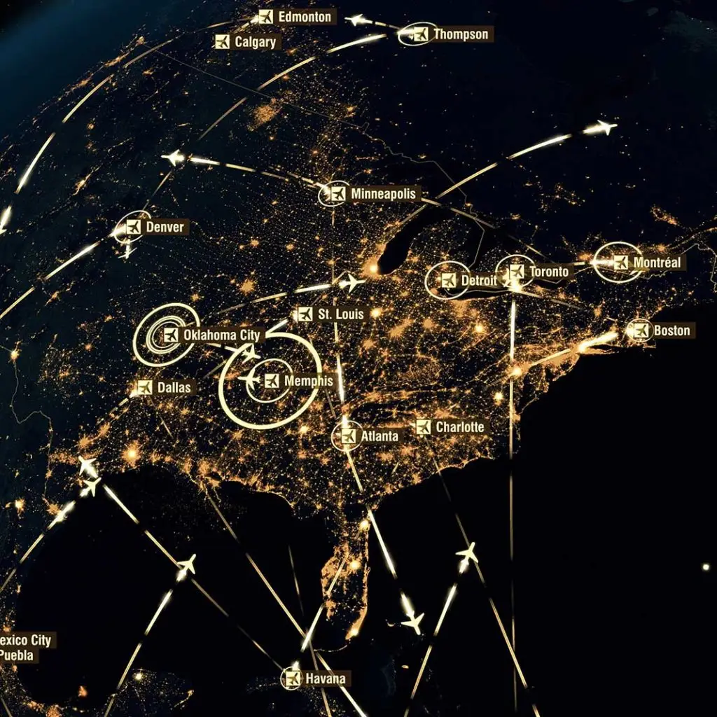 Flight Schedule Management for Calgary Airport Authority collaboration between Copenhagen Optimization and Airport Hive - flights over North America image.