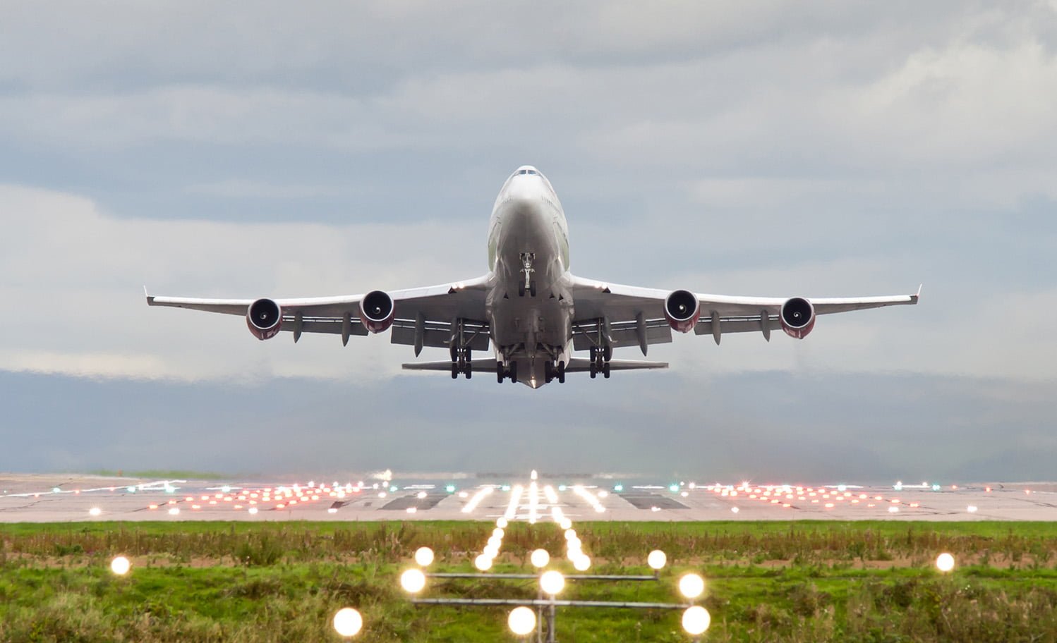 Airplane taking off from Manchester Airport representing income, cost and capacity modelling forecasting