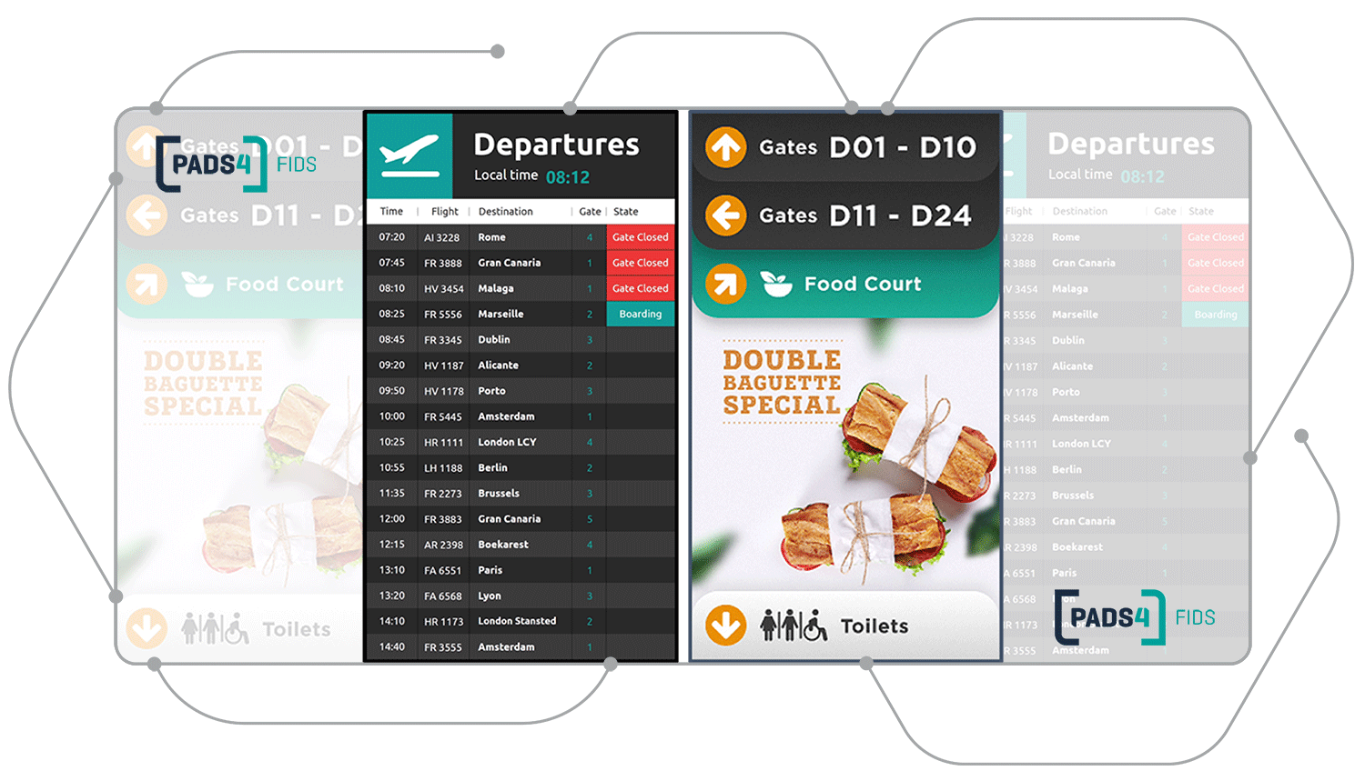 Screenshot from Azinq's Airport Hive AMS Product Flight Information Display System (FIDS) showing its clear display features for departures and other information