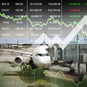 Image of aircraft docked with finance figures overlayed representing Airport Hive AMS Product category Finance