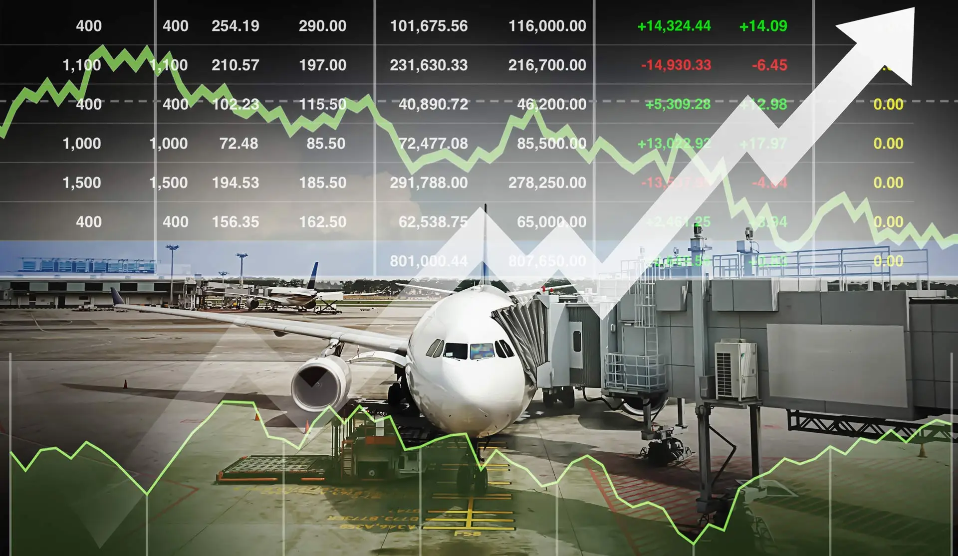 Image of aircraft docked with finance figures overlayed representing Airport Hive AMS Product category Finance