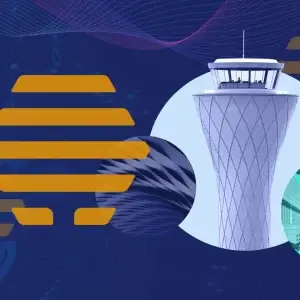 Image illustrating the partnership between RDC Aviation and Azinq to integrate LOOP into Airport Hive. The image shows elements of an airport, energy waves and data with the Airport Hive logo.