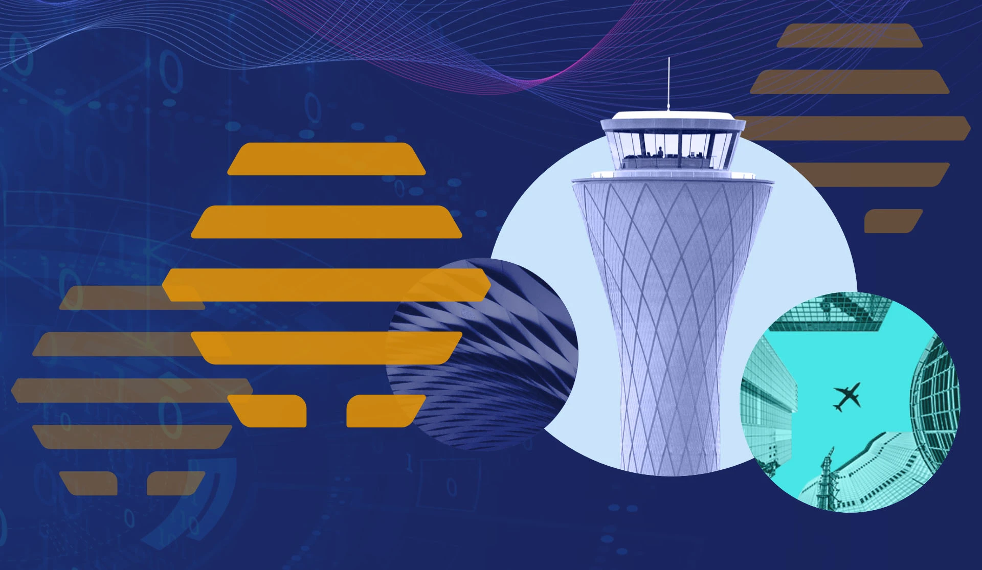 Image illustrating the partnership between RDC Aviation and Azinq to integrate LOOP into Airport Hive. The image shows elements of an airport, energy waves and data with the Airport Hive logo.