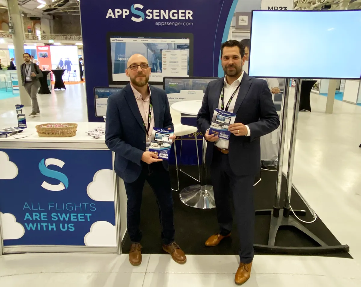 Sergio Morales and Víctor H. Ortega Pérez of Five Flames at the FTE in RDS Dublin, 23-25 MAY 2023 promoting how Appssenger improves airport passenger experience.